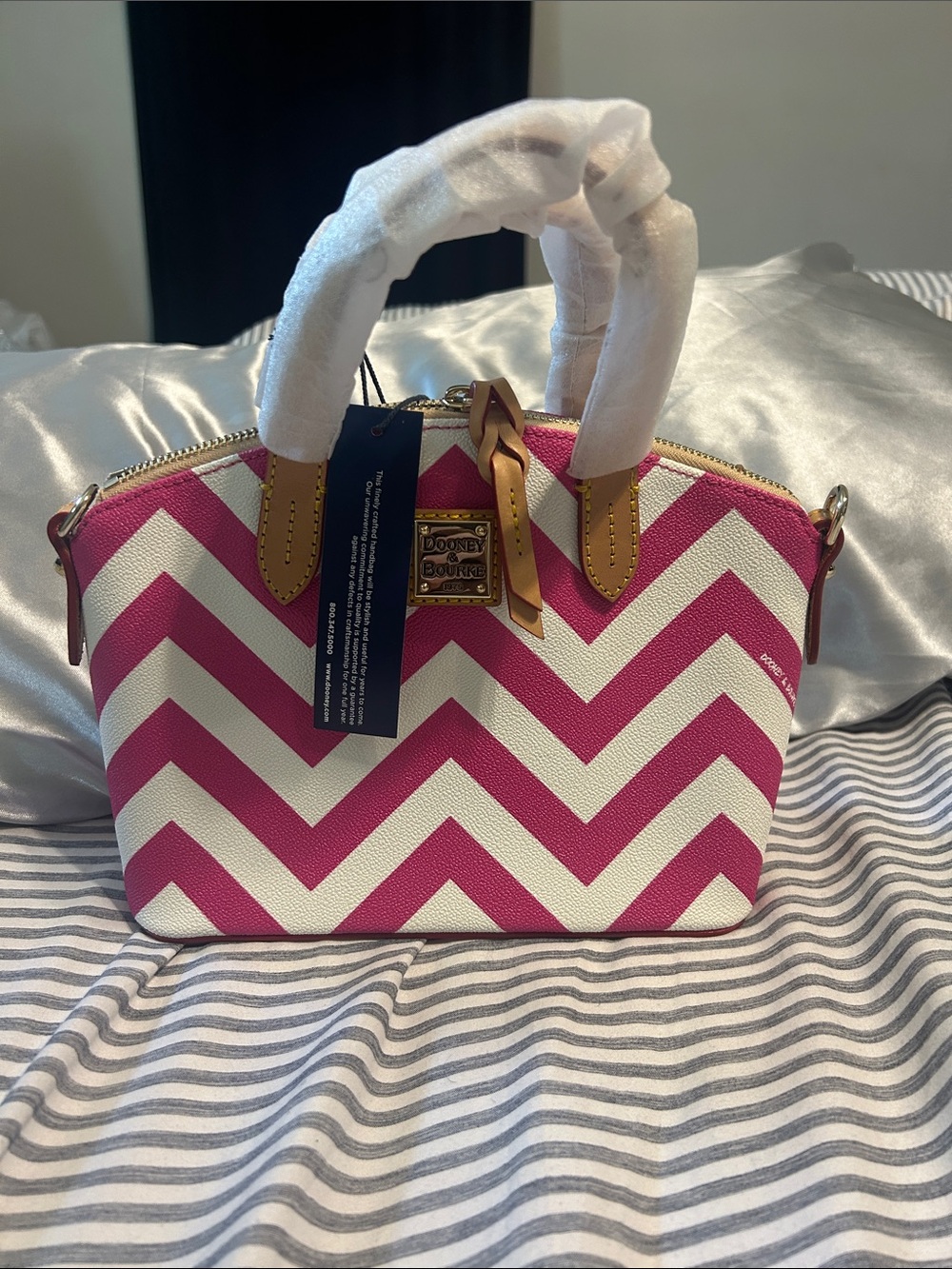 Dooney & Bourke Hot Pink and White Chevron Satchel with Tan Trim